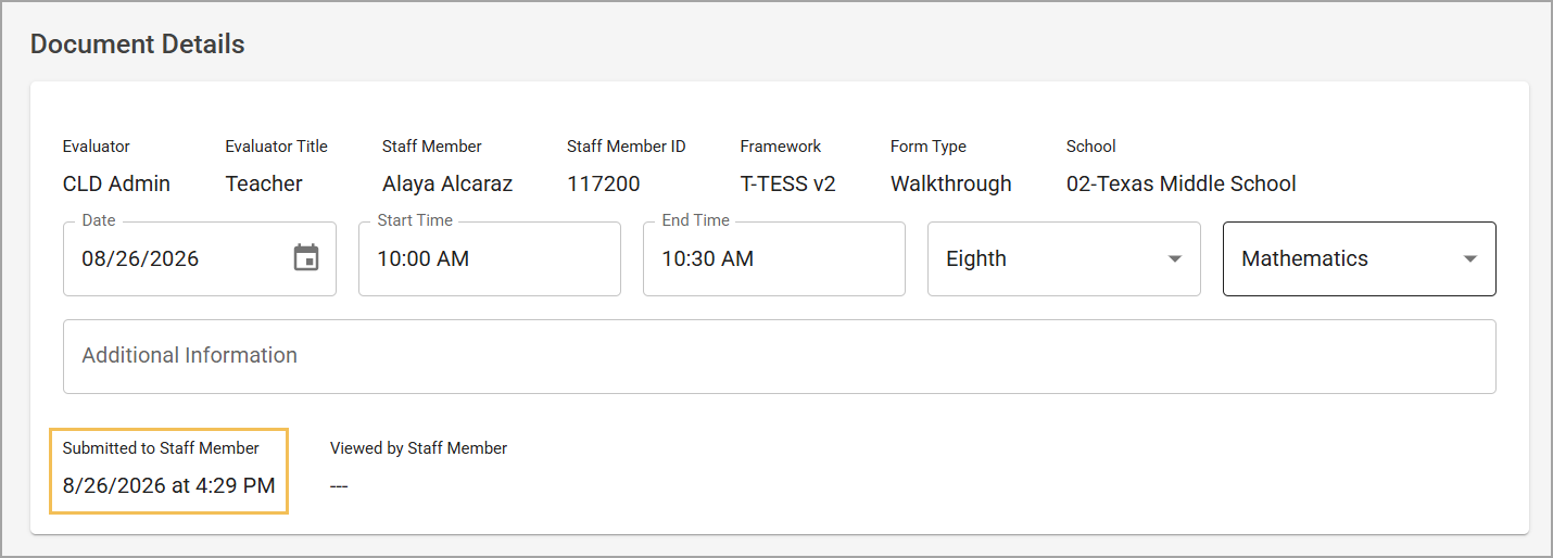 Document details showing evaluator, staff member, and submission time for a walkthrough.